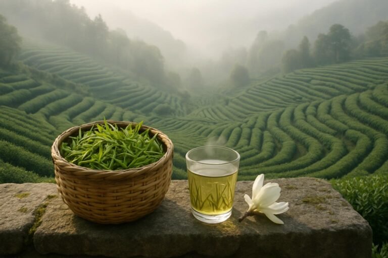 Bamboo basket of freshly picked Longjing tea buds on a stone wall above terraced tea fields near Hangzhou in spring mist