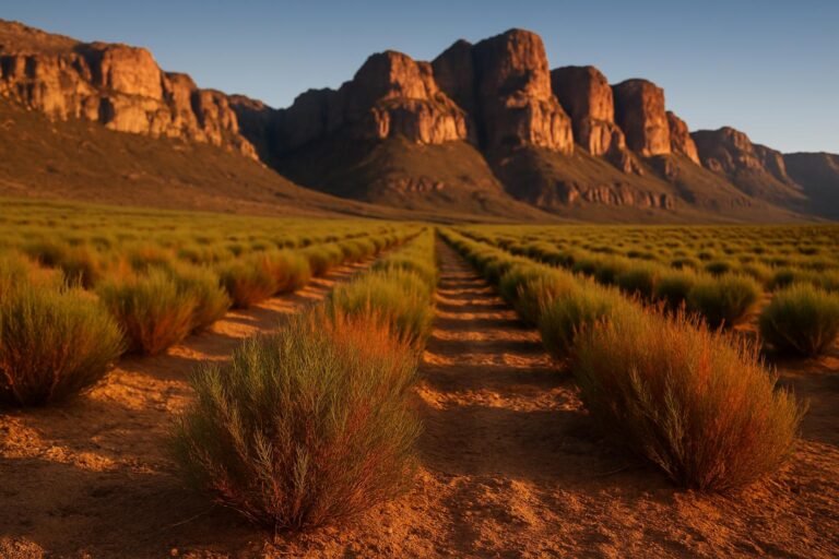 Rows of needle-leafed rooibos shrubs on a Cederberg farm in South Africa with sandstone mountains behind at golden hour
