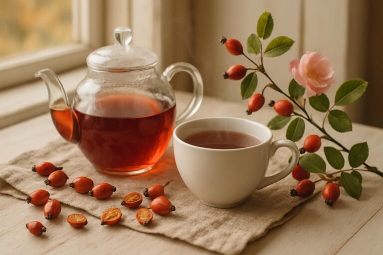 Glass teapot and white porcelain cup of ruby-red rosehip tea beside dried whole rosehips and a wild dog-rose branch on a linen-covered wooden table