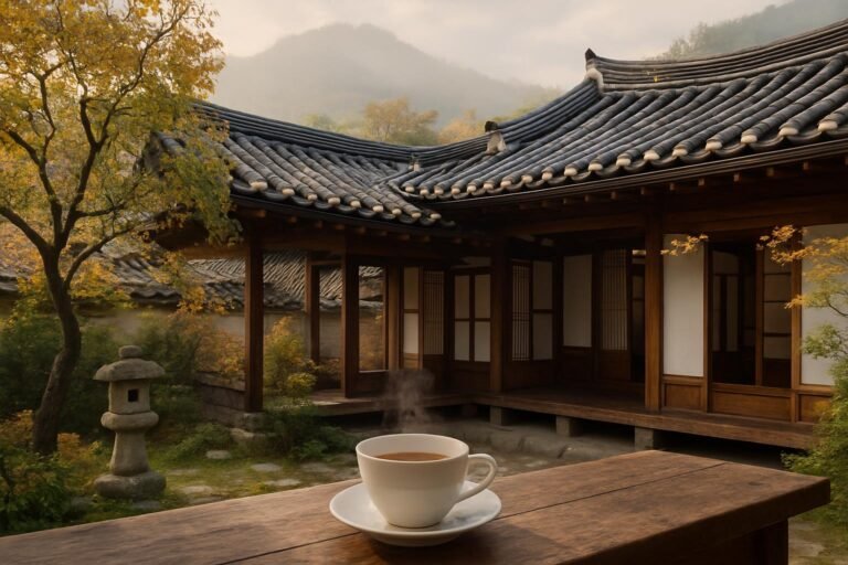 Courtyard garden and wooden veranda of Suyeon Sanbang, a 1933 hanok teahouse in Seongbuk-dong, Seoul, with a steaming cup of jujube tea on a low table