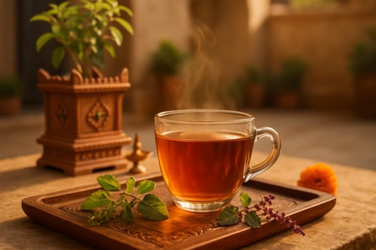 Glass cup of golden-amber tulsi tea with fresh green and purple holy basil sprigs on a carved wooden tray in an Indian courtyard