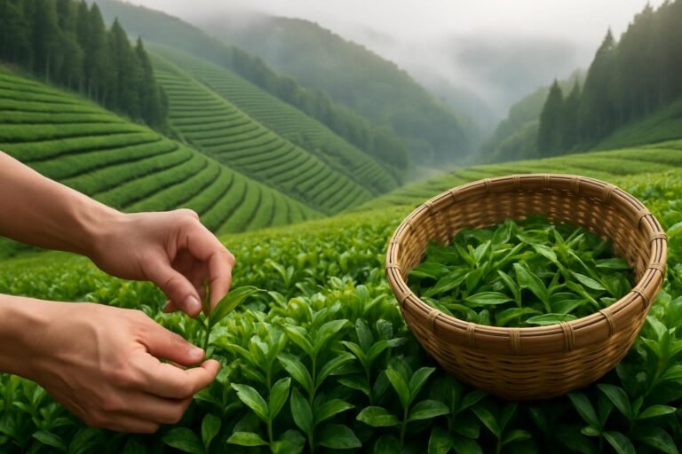 Hands picking fresh green tea leaves into a bamboo basket in the terraced tea fields of Wazuka, Kyoto Prefecture