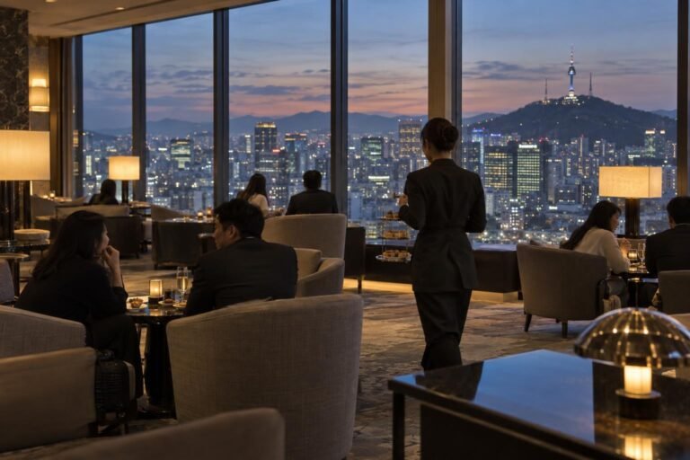 Hotel lounge in Seoul at dusk serving afternoon tea, with the lit city and Namsan Tower through the windows