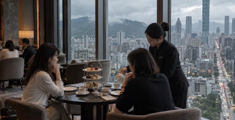 Two guests share a three-tier afternoon tea stand at a window table in a high-floor Taipei hotel lounge as a server pours oolong, with the city and hills behind.