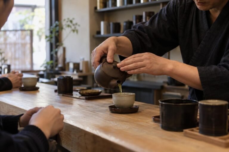 Tea master pouring sencha from a kyusu at a wooden tea counter in Tokyo