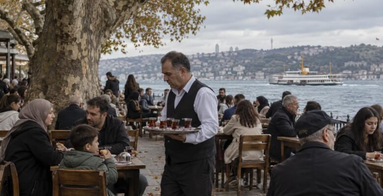 A waiter carries a tray of tulip glasses of tea between tables under a huge plane tree at a waterside tea garden on the Bosphorus in Istanbul on an overcast autumn afternoon.