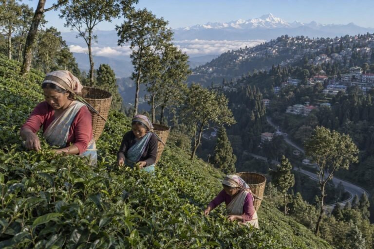 Women plucking tea on a steep Darjeeling garden slope in autumn, with Darjeeling town and the Kanchenjunga range behind